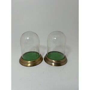 Vintage Enesco Glass Cloche Bell Jar Display Domes Brass Bases 3.5in tall Set 2